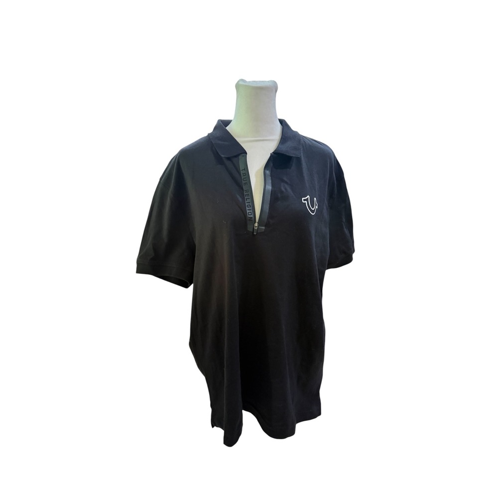 True Religion Mens Logo Zipper Tape Polo Shirt Jet Black 108088R Small NWT